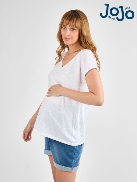 JoJo Maman Bébé White V-Neck Maternity Cotton T-Shirt (AJ4471) | £19