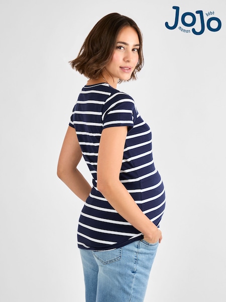 JoJo Maman Bébé Navy White Stripe Maternity & Nursing T-Shirt (AJ4477) | £26