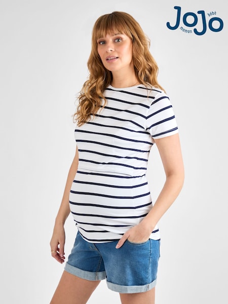 JoJo Maman Bébé White Navy Stripe Maternity & Nursing T-Shirt (AJ4478) | £26