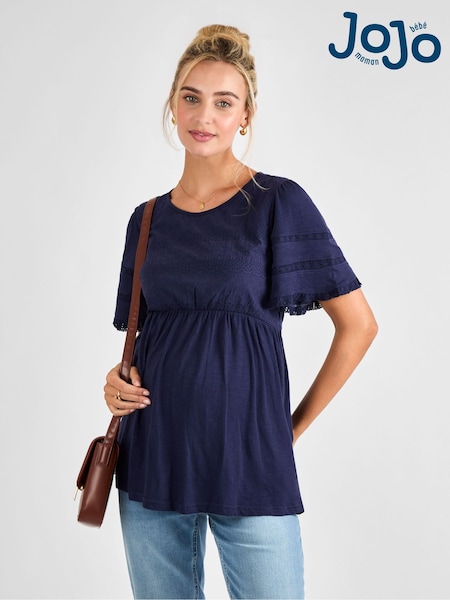 JoJo Maman Bébé Navy Broderie Lace Trim Maternity Jersey Top (AJ4482) | £29.50
