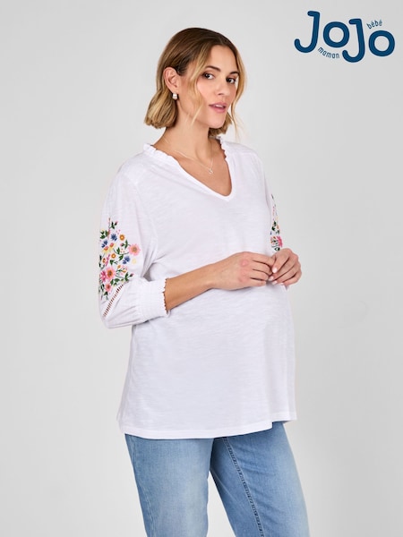 JoJo Maman Bébé White Maternity Embroidered Jersey Top (AJ4510) | £36
