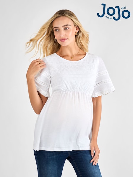 JoJo Maman Bébé White Broderie Lace Trim Maternity Jersey Top (AJ4520) | £29.50
