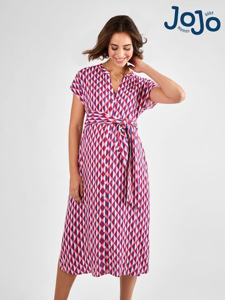 JoJo Maman Bébé Cream Button Through Maternity Midi Dress With Tie (AJ4525) | £49.50
