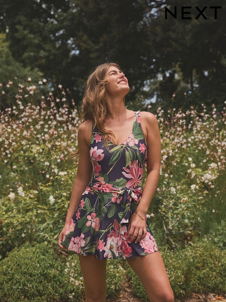 Kew Collection Navy Floral Shaping Tummy Control Skirted Swim Dress (AJ4617) | £56