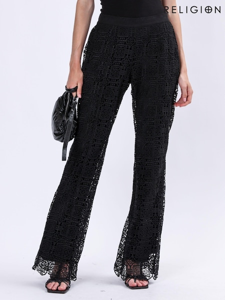 Religion Black Lily High waisted Flared Intricate Lace Trousers (AJ4640) | £80