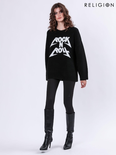 Religion Black Oversized Rock N Roll Lightning Bolt Jumper in Soft Yarn (AJ4649) | £85