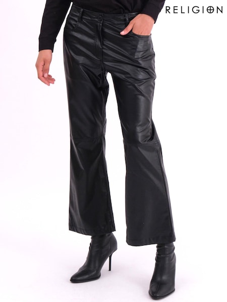 Religion Black Nebula Faux Leather Boot Cut Trousers In Matt Finish (AJ4650) | £65
