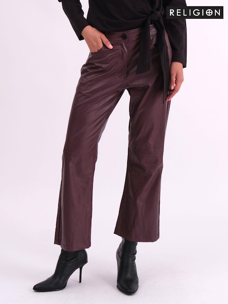 Religion Red Nebula Faux Leather Boot Cut Trousers In Matt Finish (AJ4651) | £65