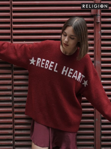 Religion Red Oversized Rebel Heart Jumper with Stars (AJ4673) | £85