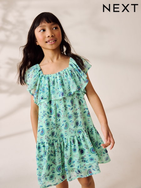 Green Floral Frill Summer Dress (3-16yrs) (AJ4700) | £0