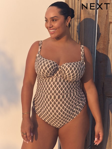 Khaki Green/Cream Foil Woodblock F-K Underwired Tummy Control Swimsuit (AJ4743) | £0