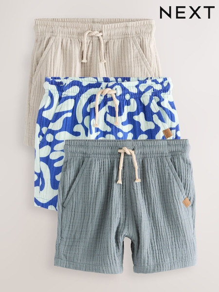 Blue/Neutral/Printed Soft Textured Shorts 3 Pack (3mths-7yrs) (AJ4744) | £23.50 - £27.50