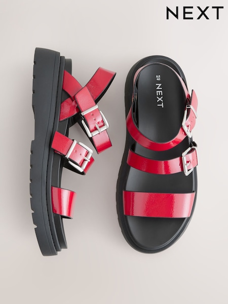 Red Patent Standard/Wide Fit Chunky Buckled Sandals (AJ4770) | £38