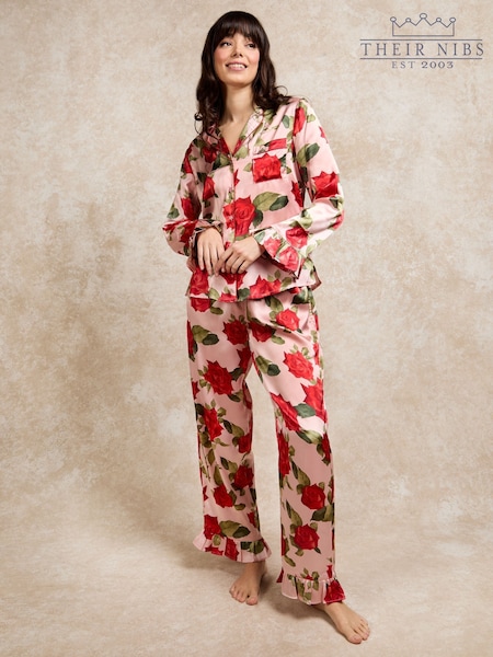 Their Nibs Pink Rose Satin Frill Long Pyjama Set (AJ4808) | £42