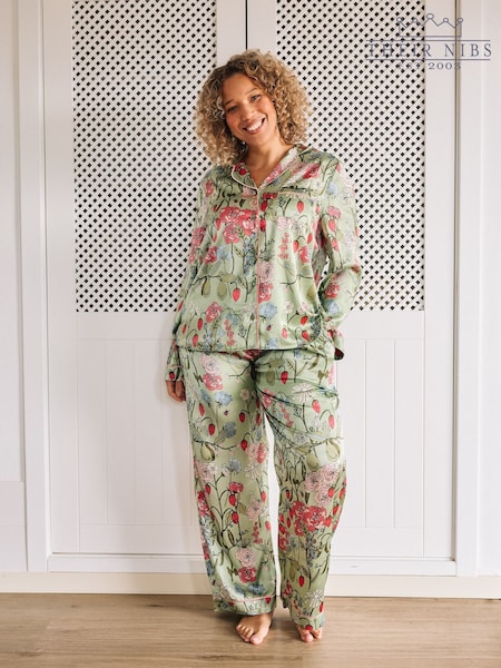 Their Nibs Green Fruit Garden Satin Long Pyjama Set (AJ4824) | £40
