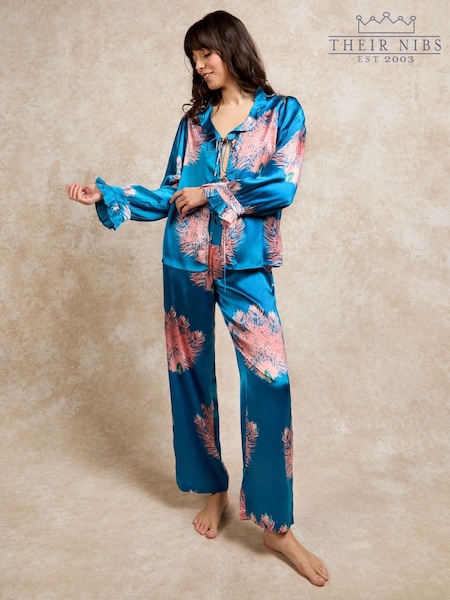 Their Nibs Blue Ostrich Fan Frill Satin Long Pyjama Set (AJ4825) | £42