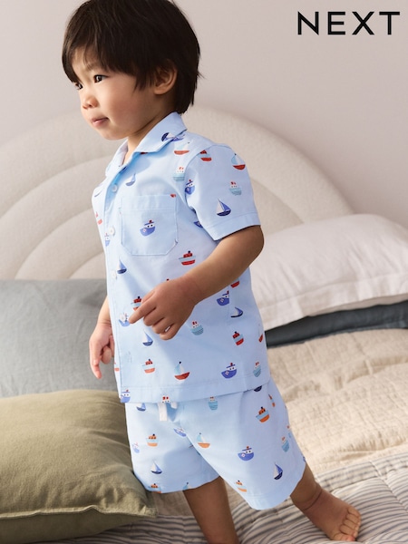 Blue Boat Print 100% Cotton Single Button Through Shorts Pyjamas Set (9mths-8yrs) (AJ4839) | £12 - £15