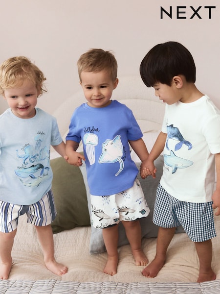 Blue/White Sea Life 100% Cotton Short Pyjamas 3 Pack (9mths-12yrs) (AJ4843) | £25 - £33