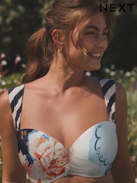 Navy/Cream/Coral Floral Wired Bandeau Bikini Top (AJ4882) | £28