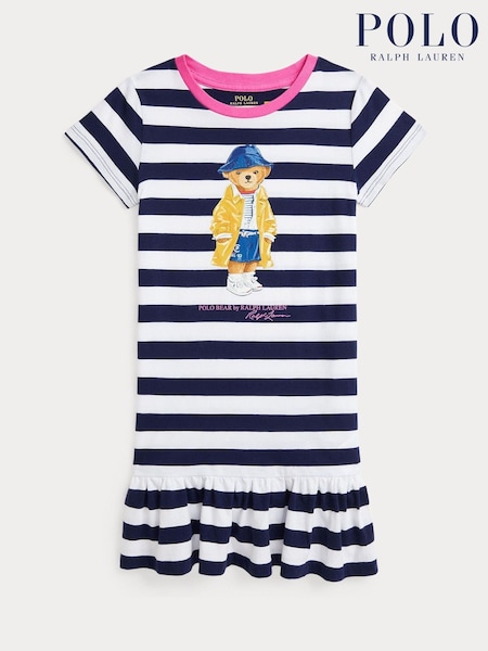 Polo Ralph Lauren Blue/White Girls Striped Polo Bear Jersey Dress (AJ4947) | £89 - £99