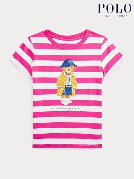 Polo Ralph Lauren Pink/White Girls Striped Polo Bear Jersey T-Shirt (AJ4955) | £49 - £55