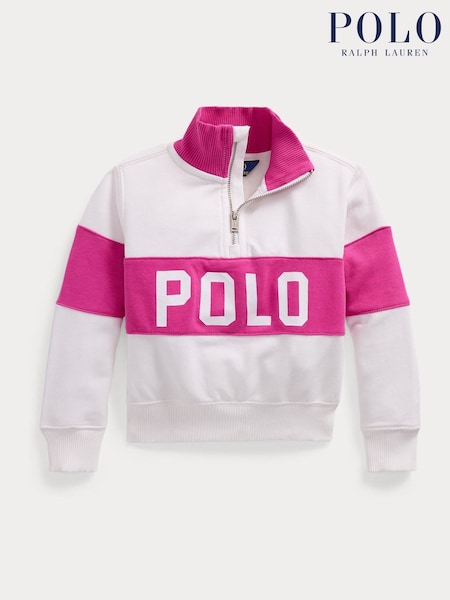Polo Ralph Lauren Pink Girls Logo French Terry Quarter-Zip Pullover Sweatshirt (AJ4973) | £99 - £109