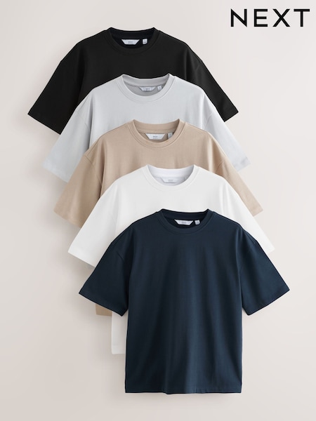 Black/White/Stone/Navy/Grey Relaxed Fit Heavyweight 100% Cotton T-Shirts 5 Pack (AJ5066) | £75