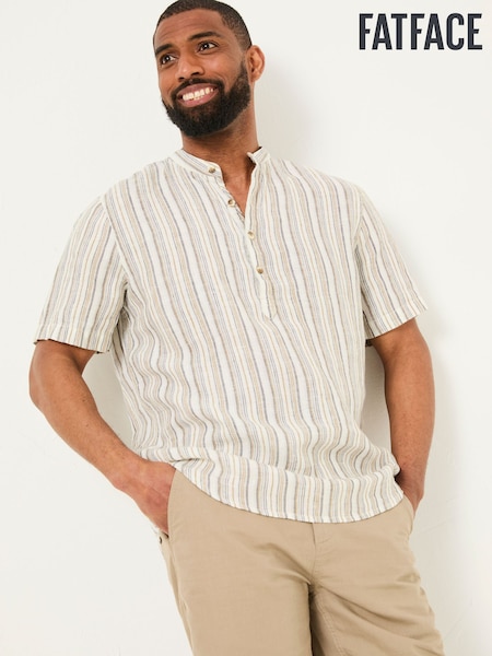FatFace Natural Grandad Short Sleeve Linen Stripe Popover 100% Linen Shirt (AJ5125) | £52