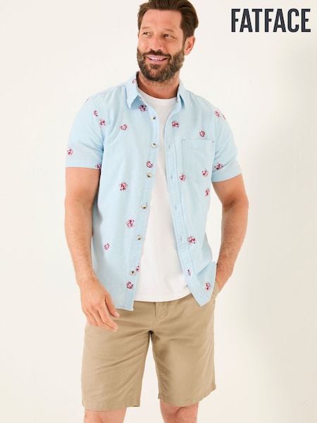 FatFace Blue Short Sleeve Crab and Lobster Embroidered Fine Stripe Shirt (AJ5131) | £46