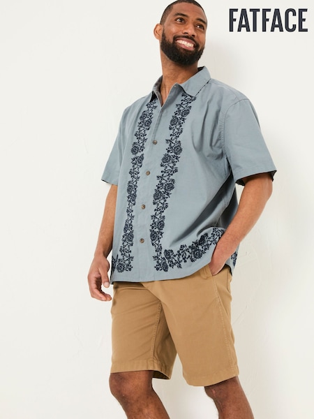 FatFace Blue Short Sleeve Embroidered Floral 100% Cotton Shirt (AJ5132) | £46