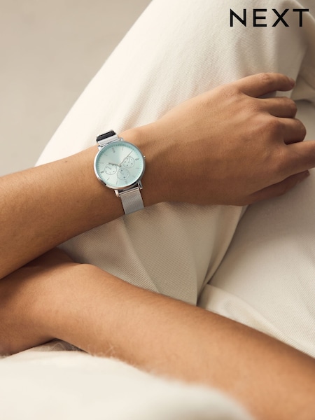 Silver Tone Blue Dial Mesh Watch (AJ5243) | £38