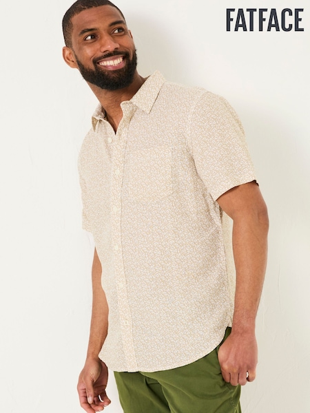 FatFace Natural Short Sleeve Linen Leaf Print 100% Linen Shirt (AJ5244) | £52