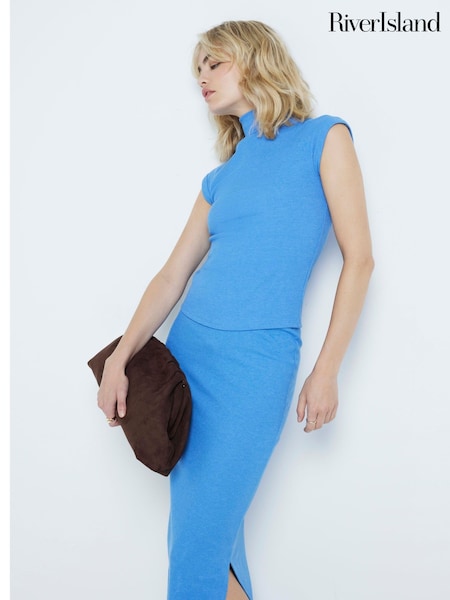 River Island Blue 2 Piece Set Ribbed Roll Neck and Midi Skirt (AJ5284) | £30