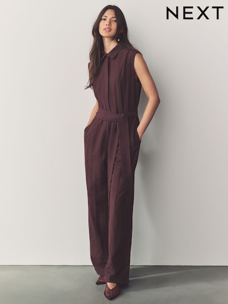 Burgundy Red Short Sleeve Tie Waist Placket Detail Jumpsuit (AJ5870) | £48