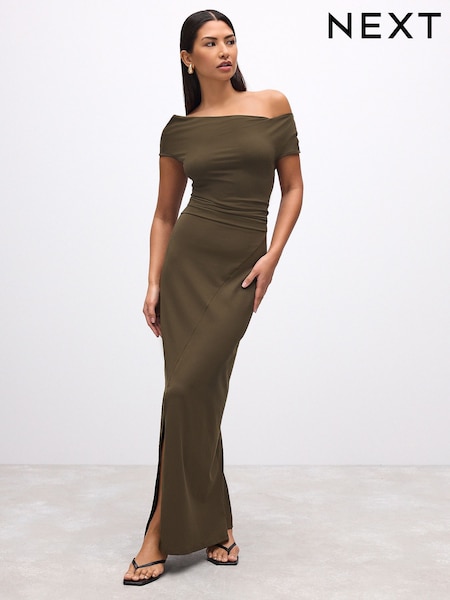 Khaki Green Polyamide Slinky Ruched Off The Shoulder Midi Dress (AJ5872) | £40