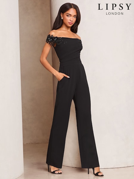 Lipsy Black Embelished 3D Floral Trim Bardot Jumpsuit (AJ6177) | £92