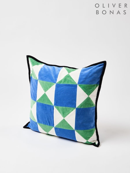 Oliver Bonas Blue Geometric Patchwork Velvet Cushion Cover (AJ6356) | £33