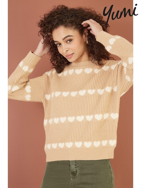 Yumi Brown Knitted Jumper With Heart Stripes (AJ6374) | £50