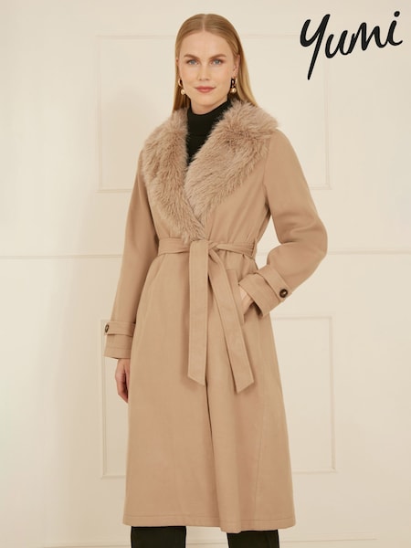 Yumi Brown Wrap Around Coat With Faux Fur Collar (AJ6380) | £80