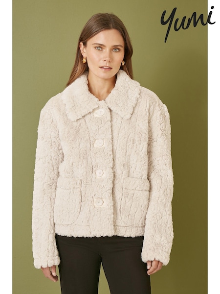 Yumi Cream Luxe Textured Faux Fur Jacket With Pockets (AJ6383) | £80