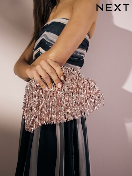 Pink Fringe Beaded Clutch Bag (AJ6557) | £45