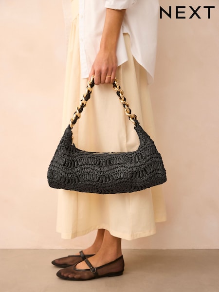 Black Raffia Chain Shoulder Bag (AJ6575) | £45