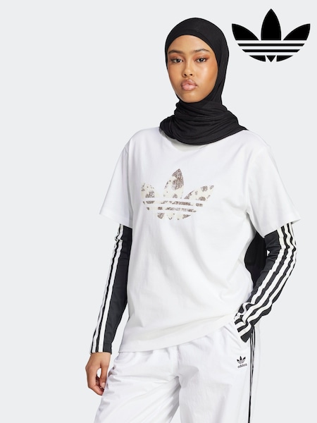 adidas Originals White Animal Print Trefoil T-Shirt (AJ6593) | £25