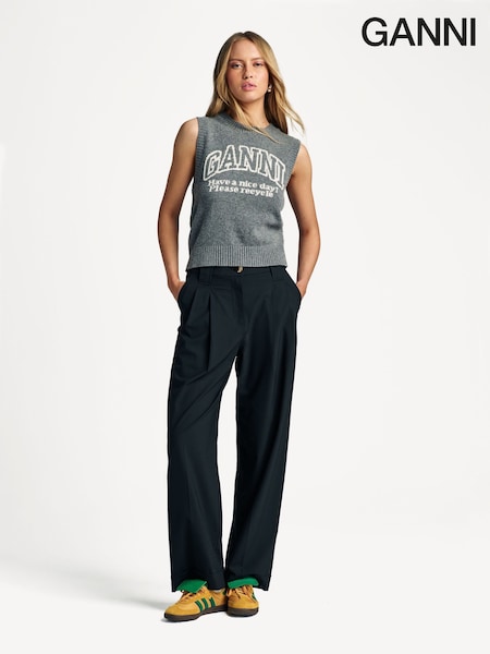 GANNI Black Mid Waist Loose Fit Pleat Trousers (AJ6729) | £235