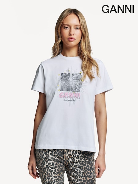 GANNI White Relaxed Kittens Graphic Print T-Shirt (AJ6745) | £115
