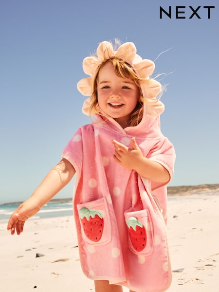 Pink Strawberry Towelling 100% Cotton Poncho (9mths-10yrs) (AJ6922) | £21 - £25