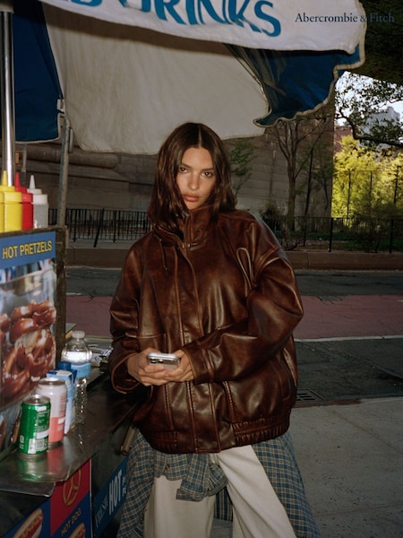 Brown - Abercrombie & Fitch Funnel Neck Distressed Bomber Jacket