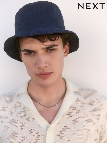 Navy Blue Seersucker Texture Bucket 100% Cotton  Hat (AJ7027) | £12