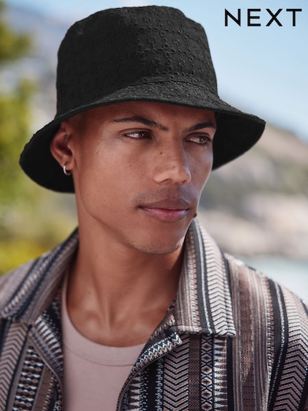 Black Reversible Broderie Bucket 100% Cotton Hat (AJ7034) | £14