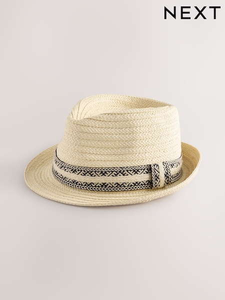 White Straw Ikat Band Trilby Hat (AJ7041) | £16